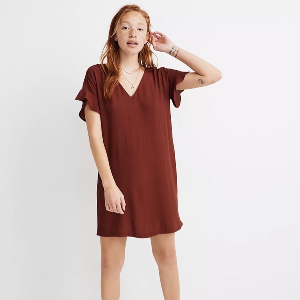 Ruffle Sleeve Easy Dress in Rusted Burgundy
